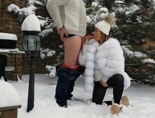 outdoor winter blow-job and jizz on her pretty face and jaws