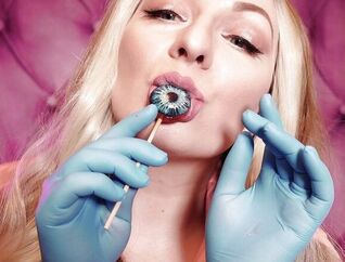 ASMR: blue nitrile gloves and candy sucking, wearing rosy